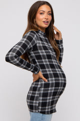 Black Plaid Mock Neck Brushed Long Sleeve Maternity Top