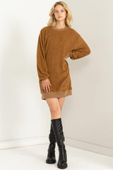 Brown Fleece Oversized Maternity Sweatshirt Mini Dress