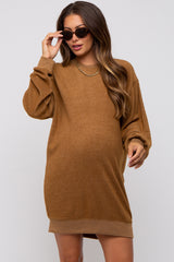 Brown Fleece Oversized Maternity Sweatshirt Mini Dress