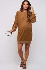 Brown Fleece Oversized Maternity Sweatshirt Mini Dress