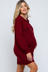 Burgundy Collared Button Front Maternity Sweater Dress