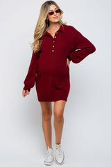 Burgundy Collared Button Front Maternity Sweater Dress