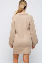 Beige Collared Button Front Maternity Sweater Dress