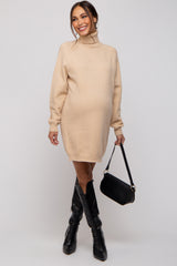 Beige Knit Long Sleeve Turtleneck Maternity Sweater Dress