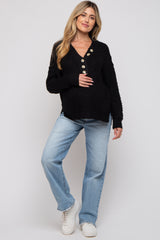 Black Henley Side Slit Maternity Sweater