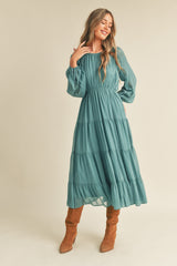 Green Tiered Ruffle Sleeve Midi Dress