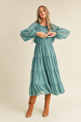 Green Tiered Ruffle Sleeve Midi Dress