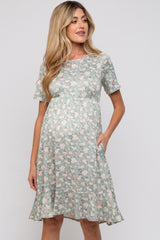 Light Olive Floral Knit Short Sleeve Maternity Dress