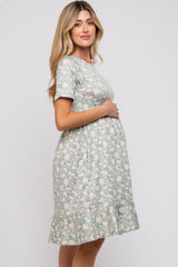 Light Olive Floral Knit Short Sleeve Maternity Dress