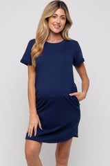 Navy French Terry Cuffed Short Sleeve Maternity Dress