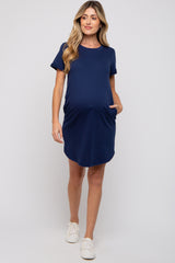 Navy French Terry Cuffed Short Sleeve Maternity Dress