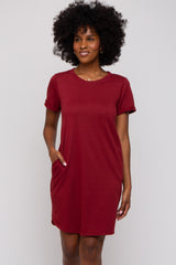 Burgundy French Terry Cuffed Short Sleeve Maternity Dress