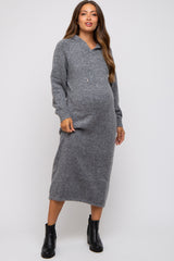 Charcoal Grey Hooded Maternity Sweater Midi Dress