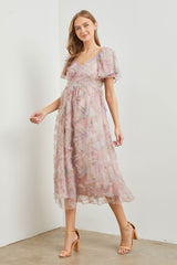 Light Pink Floral Ruffle Applique Puff Sleeve Midi Dress