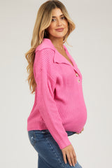 Pink Chunky Knit Front Button Maternity Sweater