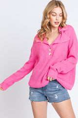 Pink Chunky Knit Front Button Sweater