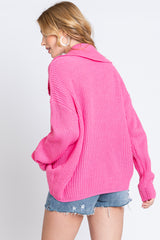 Pink Chunky Knit Front Button Sweater