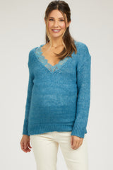 Turquoise Lace V-Neck Maternity Sweater