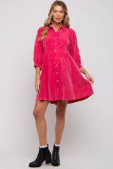 Fuchsia Corduroy Button Down Collared Maternity Dress