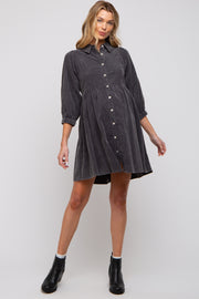 Charcoal Corduroy Button Down Collared Maternity Dress