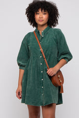 Green Corduroy Button Down Collared Dress