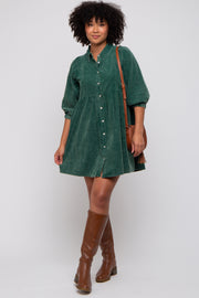 Green Corduroy Button Down Collared Dress