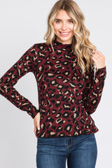 Burgundy Animal Print Mock Neck Maternity Top