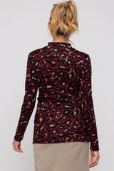 Burgundy Animal Print Mock Neck Maternity Top