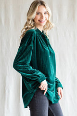 Forest Green Velvet Button Front Blouse