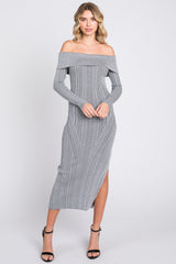 Grey Metallic Ribbed Side Slit Off Shoulder Midi Dress