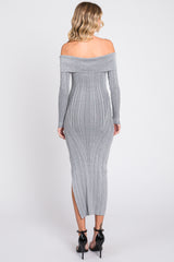 Grey Metallic Ribbed Side Slit Off Shoulder Midi Dress