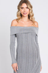 Grey Metallic Ribbed Side Slit Off Shoulder Midi Dress