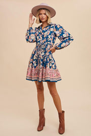 Emerald Teal Border Print Floral Button Down Shirt Dress