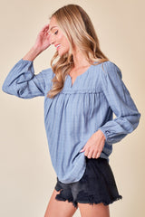 Dusty Blue Long Sleeve Plaid Textured Blouse