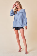 Dusty Blue Long Sleeve Plaid Textured Blouse