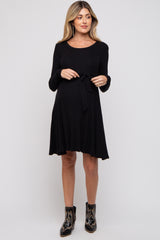 Black Soft Rib Knit Sash Tie Maternity Dress