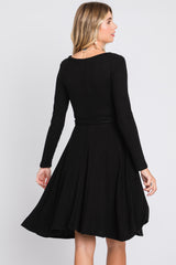 Black Soft Rib Knit Sash Tie Dress