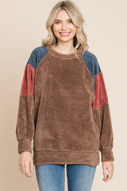 Brown Colorblock Soft Fleece Pullover Sweater