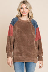 Brown Colorblock Soft Fleece Pullover Maternity Sweater