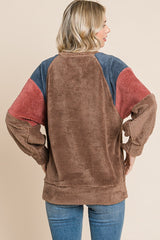 Brown Colorblock Soft Fleece Pullover Sweater