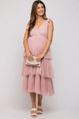 Pink Sleeveless Tiered Tie Strap Tulle Maternity Midi Dress