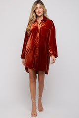 Rust Velour Button Up Long Sleeve Maternity Dress