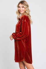 Rust Velour Button Up Long Sleeve Dress