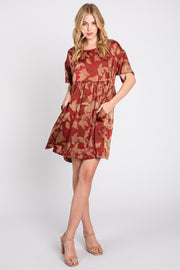 Rust Printed Short Sleeve Pocketed Dress