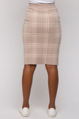 Taupe Knit Plaid Fitted Skirt