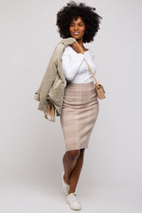 Taupe Knit Plaid Fitted Skirt