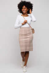 Taupe Knit Plaid Fitted Skirt