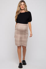 Taupe Knit Plaid Fitted Maternity Skirt