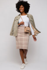 Taupe Knit Plaid Fitted Skirt