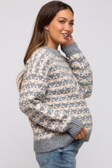 Grey Striped Open Knit Maternity Sweater